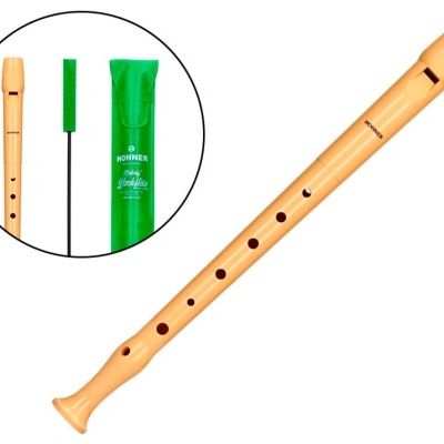 Flauta doce soprano em madeira laranja com palheta e estojo verde