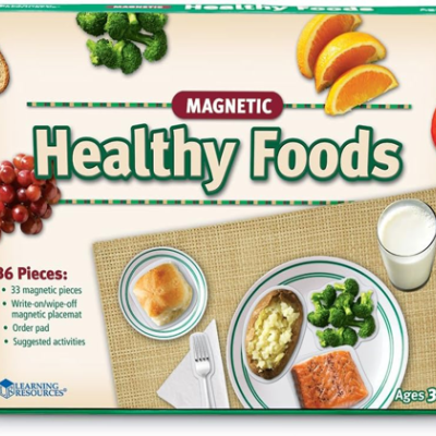Caixa de jogo educativo 'Healthy Foods' com imagens de alimentos e indicação de 36 peças magnéticas para idades 3+