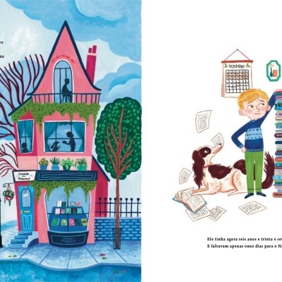 Ilustração colorida de livraria num edifício e um menino com livros e cão ao lado