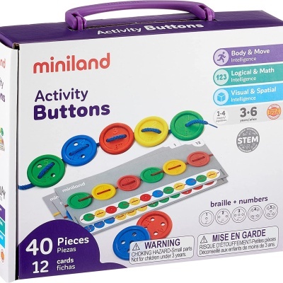 Caixa do jogo educativo Miniland Activity Buttons com botões coloridos e painel cinzento