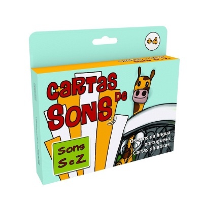Embalagem de cartão didático com temática de sons em português e desenho de girafa