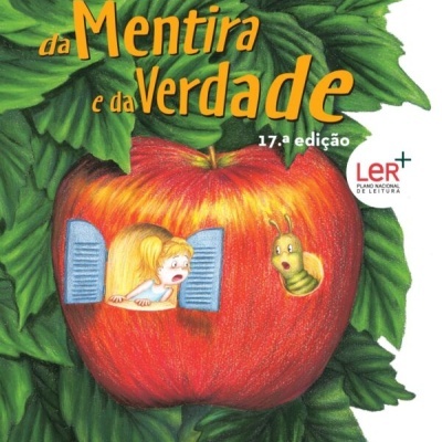 Livro 'Poemas da Mentira e da Verdade' com ilustração de maçã, criança e lagarta.