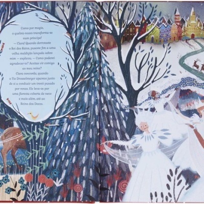 Ilustração artística de cenário de inverno com personagens e texto em português