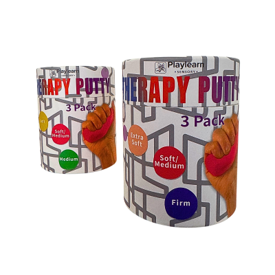 Caixas do produto Therapy Putty em embalagem cilíndrica com indicações de dureza e imagem de mão a apertar massa vermelha.