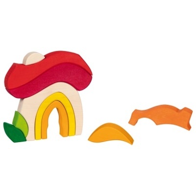 Brinquedo de madeira colorido em forma de cogumelo com peças removíveis