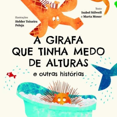 Capa de livro infantil com girafa, ouriço marinho em banheira, peixe e cauda azul numa ilustração colorida.