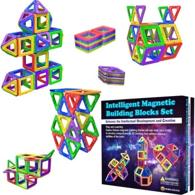 Blocos magnéticos coloridos triangulares e quadrados com caixa azul do conjunto Intelligent Magnetic Building Blocks Set