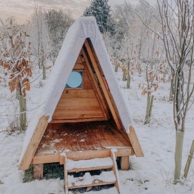 Casa triangular de madeira coberta de neve num jardim nevado
