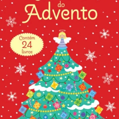Calendário do Advento vermelho com árvore de Natal decorada e anjo no topo