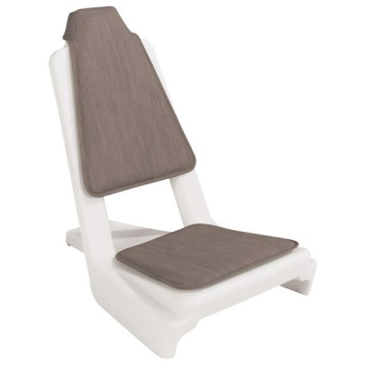 Cadeira branca de plástico com estofos cinzentos no assento e encosto