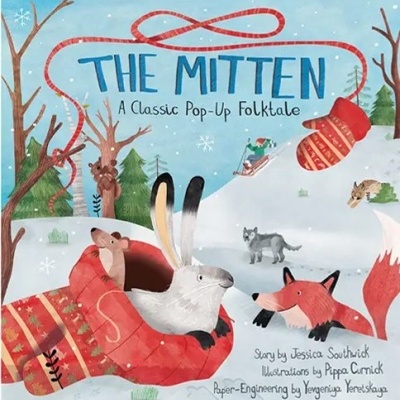 Capa de livro infantil com animais de inverno e luvas vermelhas na neve