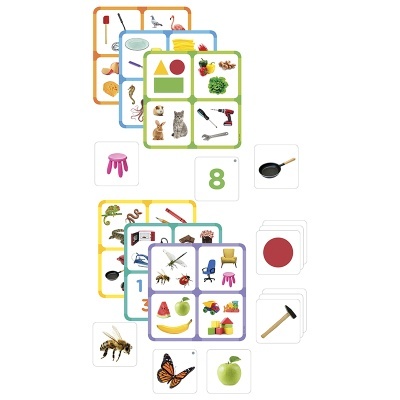 Cartas educativas com imagens diversas e números sobre fundo branco