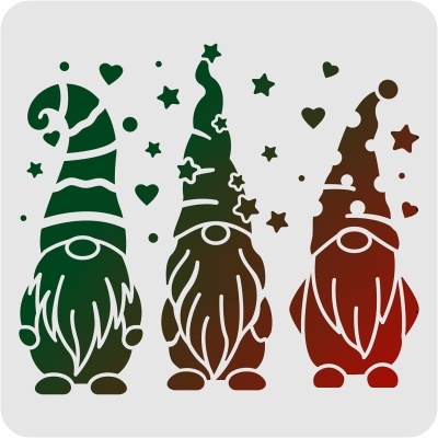 Silhuetas de três gnomos decorativos coloridos com barretes altos e estrelas e corações ao redor