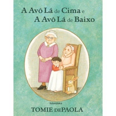 Capa de livro infantil com duas avós e uma criança, fundo verde texturizado