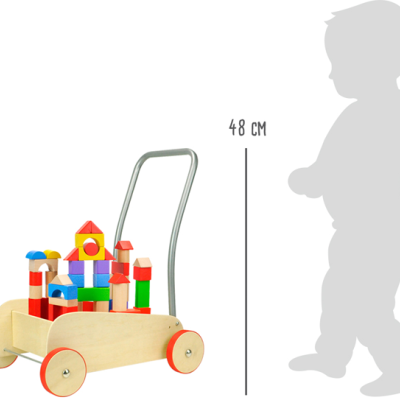 Caminhador de madeira com blocos coloridos e silhueta de criança ao lado