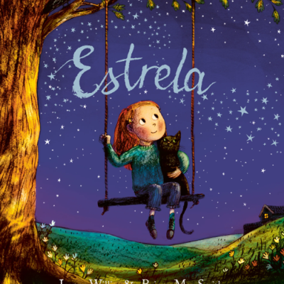 Capa de livro com menina ruiva no baloiço a segurar um gato preto e céu estrelado com a palavra Estrela