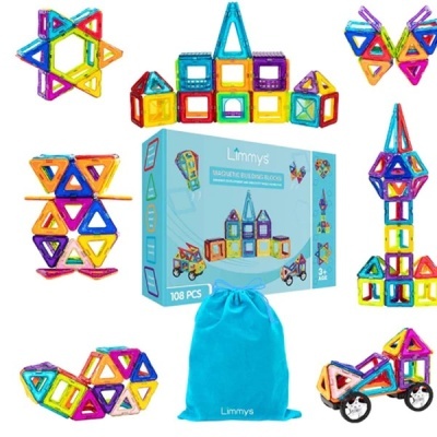 Blocos de construção magnéticos coloridos com embalagem e saco azul