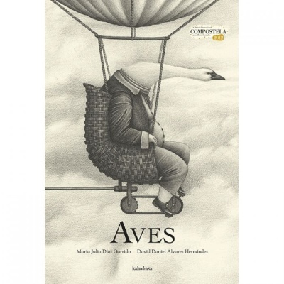 Capa de livro com ilustração de homem com cabeça de ave numa cesta de balão cinzenta