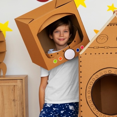 Criança com capacete e foguete de papelão, decoração espacial, parede branca e móvel de madeira.