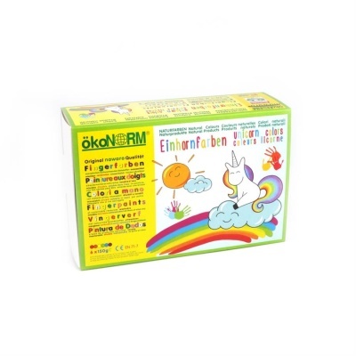 Caixa colorida de tinta para dedos com desenho de unicórnio e arco-íris