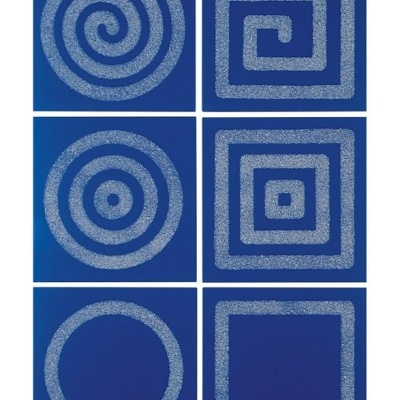 Desenhos geométricos brancos sobre fundo azul com várias formas simples e espirais.