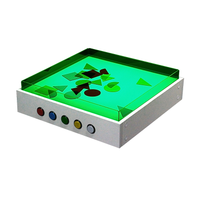Mesa luminosa branca com tampa verde e formas geométricas coloridas dentro