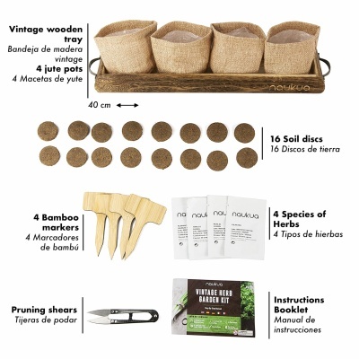 Conjunto de jardinagem com bandeja de madeira, 4 vasos de juta, discos de terra, marcadores de bambu, espécies de ervas, tesoura e manual