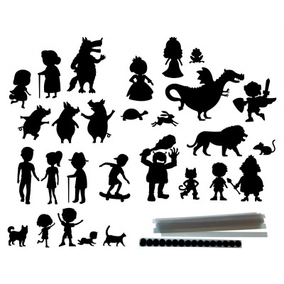 Silhuetas pretas de personagens variados e suportes transparentes sobre fundo branco