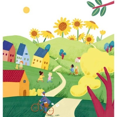 Ilustração da aldeia com casas, crianças, girassóis, ciclista e árvores coloridas