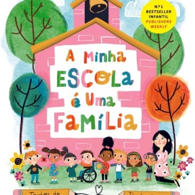 Capa colorida de livro infantil com escola e crianças