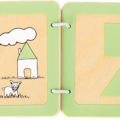 Livro educativo infantil em madeira com ilustrações e formas geométricas recortadas