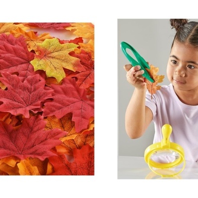 Folhas artificiais coloridas e criança a brincar com brinquedo amarelo e verde