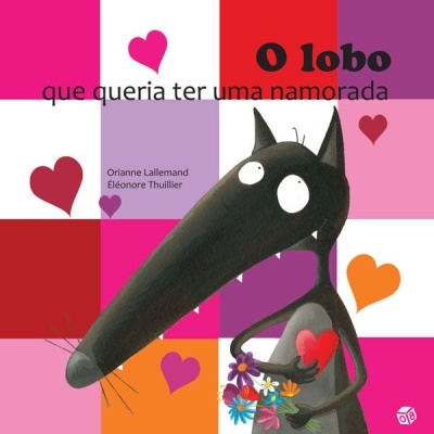 Capa de livro infantil com um lobo preto segurando um coração e flores, com fundo de quadrados coloridos e corações