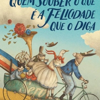 Capa de livro colorida com animais num bicicleta e texto azul no céu