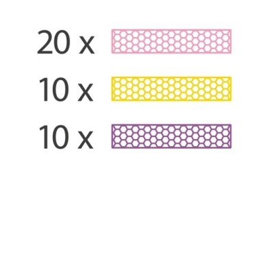 Padrões hexagonais rosa, amarelo e roxo com quantidades indicadas