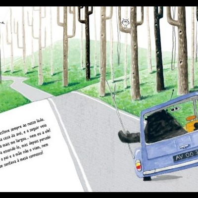 Ilustração de um carro azul na estrada junto a árvores altas e colinas verdes com texto em português