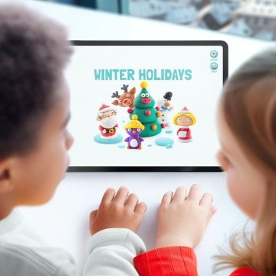 Crianças a usar tablet com tema de Natal e texto WINTER HOLIDAYS