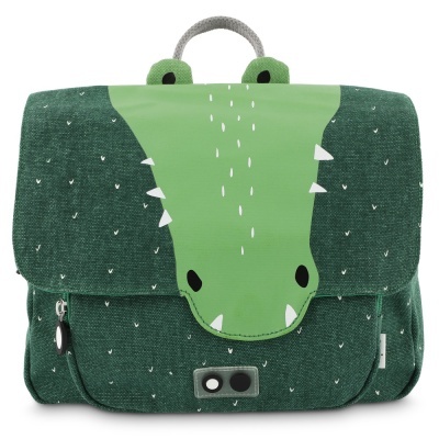 mochila infantil verde com rosto de crocodilo e padrão de pontos brancos