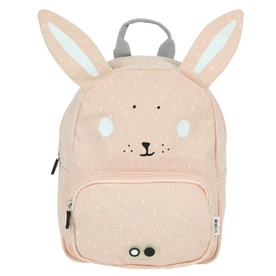 Mochila infantil cor-de-rosa com orelhas de coelho e desenho de rosto