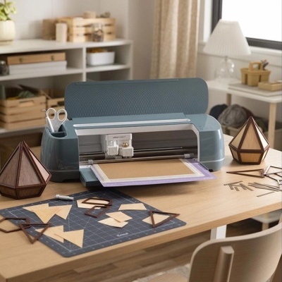 máquina de corte eletrónica cinza sobre mesa com materiais de corte e lâmpadas decorativas