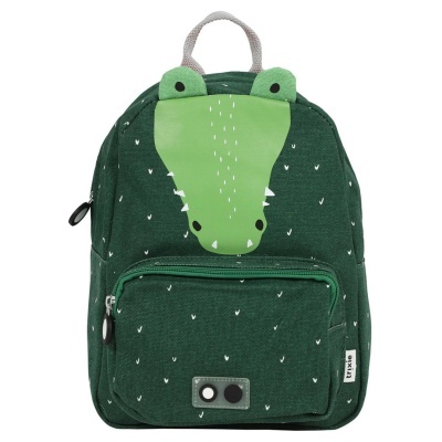 Mochila infantil verde com design de crocodilo e bolso frontal