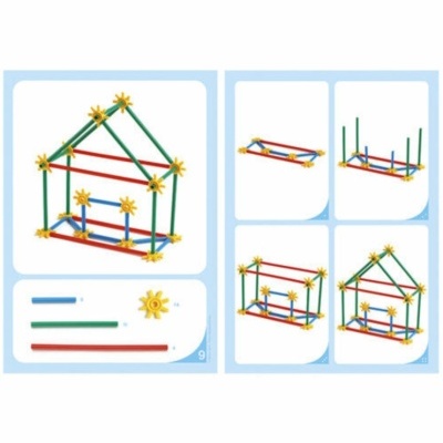 Kit de construção com varetas coloridas e conectores amarelos para montar casa