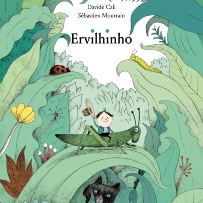 Capa de livro infantil com criança numa gafanhoto e plantas tropicais