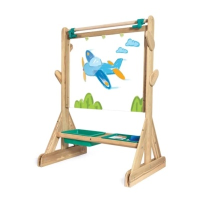 Moldura de madeira clara com tela desenhada de avião para pintura e bandeja verde para material