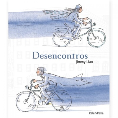 Capa de livro Desencontros com duas pessoas a andar de bicicleta em tons de azul