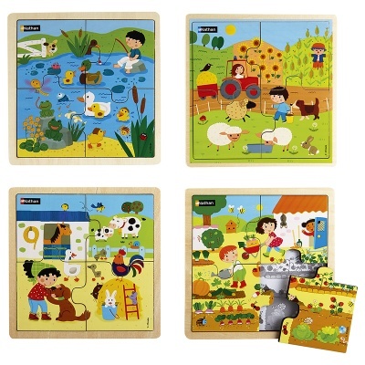 Conjunto de puzzles infantis com cenas de atividades ao ar livre e animais