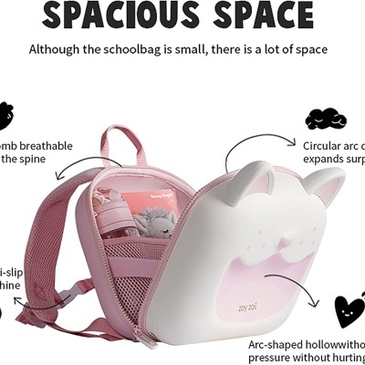 Mochila escolar rosa com design frontal 3D de animal e alças acolchoadas