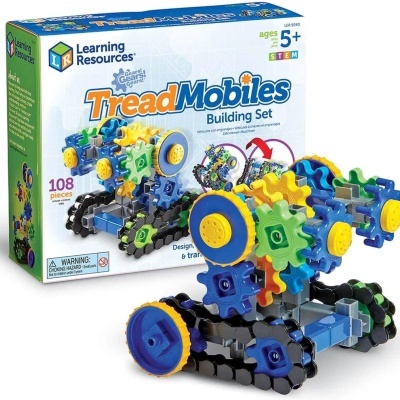 Conjunto de construção infantil TreadMobiles com peças coloridas e caixa com informações