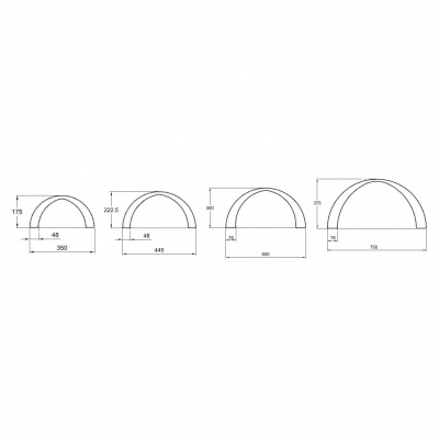 Desenho técnico de semi-arcos com dimensões em milímetros.