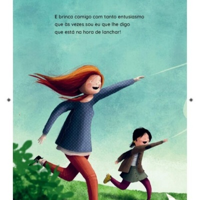 Duas personagens animadas a voar papagaios num campo verde com texto em português